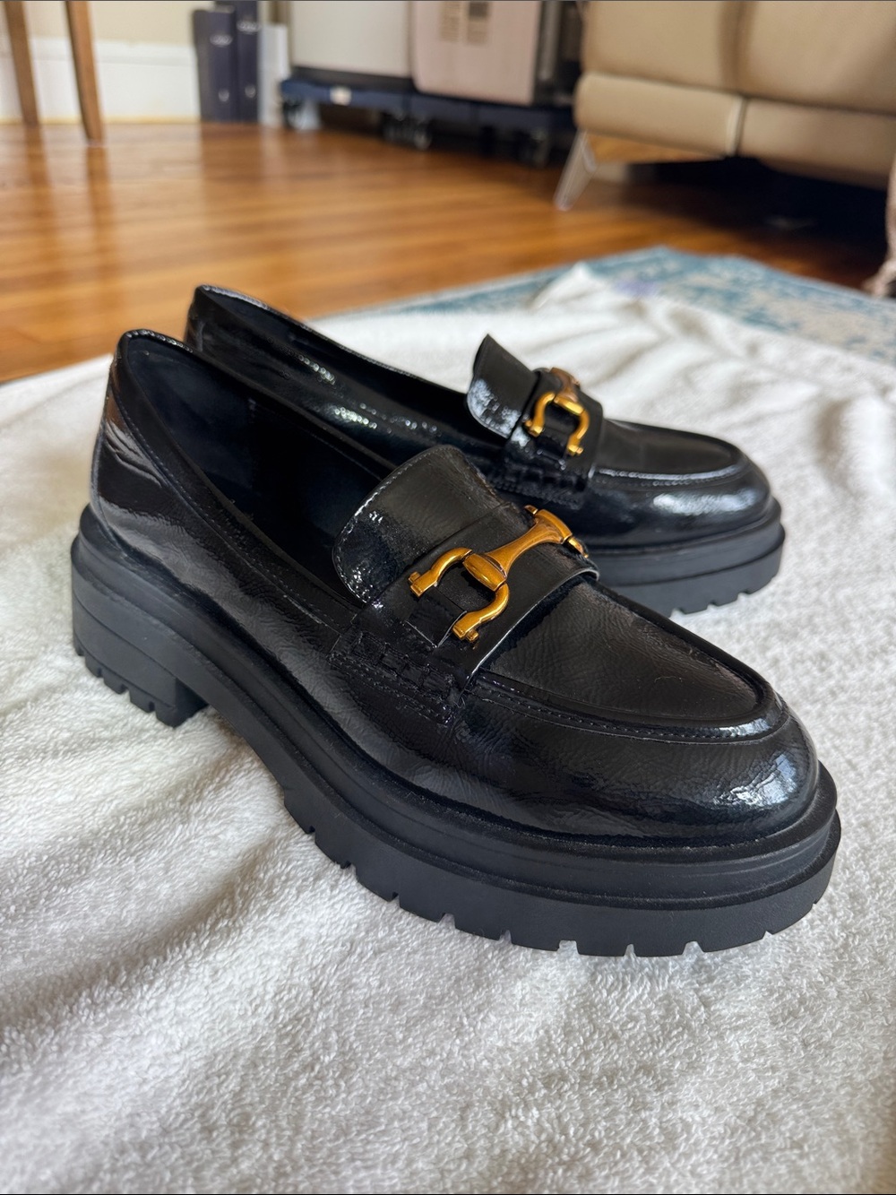 Women’s Black Patent Platform Loafers with Gold Bit Accent